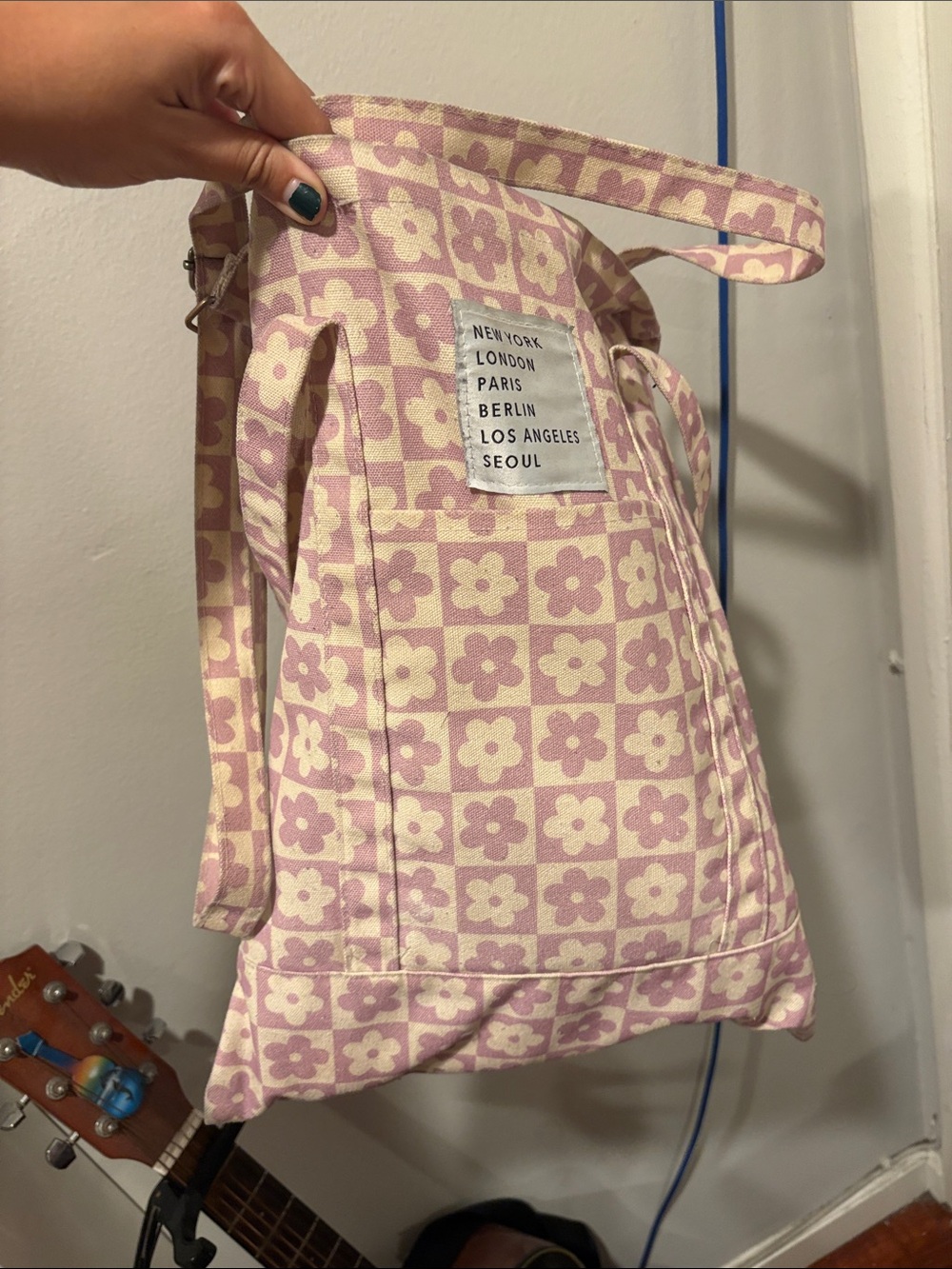 Pink Floral Checker Tote Bag with City Patch